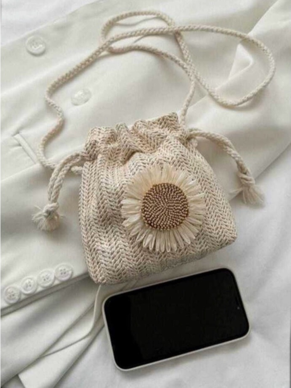 Handwoven Boho Mini Cream Daisy Drawstring Crossbody Bag